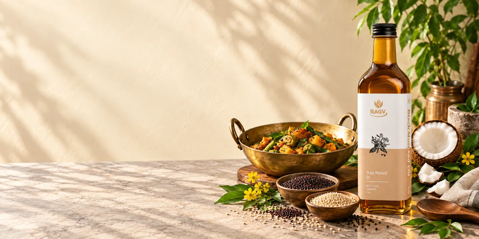 RAGV Black Mustard Oil beside vegetables in a brass kadai