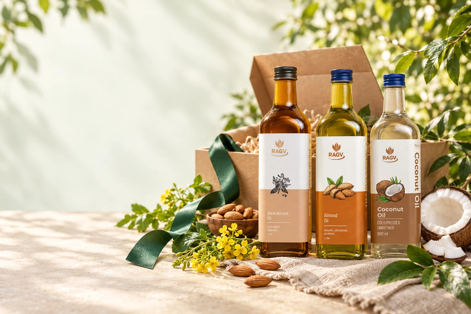 RAGV oils arranged together with natural ingredients
